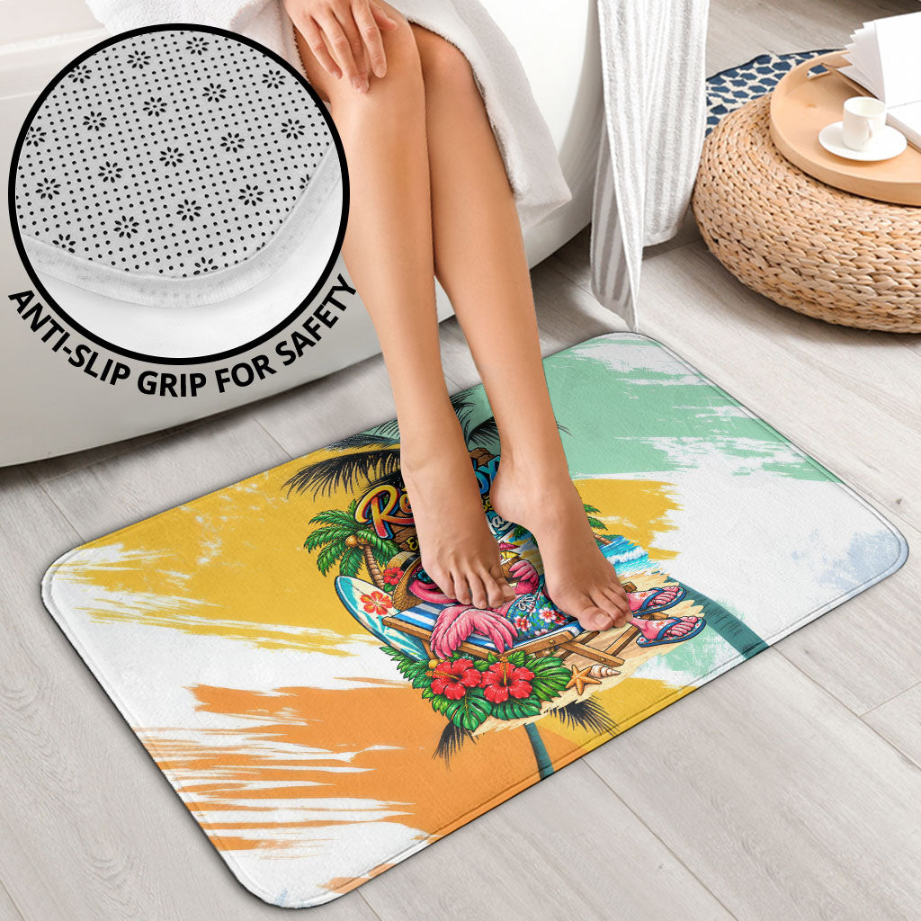 Hawaii Retirement Vacation Bathroom Set Tropical Sunset Beach Pink Flamingo Surfboard Palm Tree