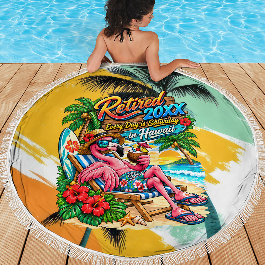 Hawaii Retirement Vacation Beach Blanket Tropical Sunset Beach Pink Flamingo Surfboard Palm Tree