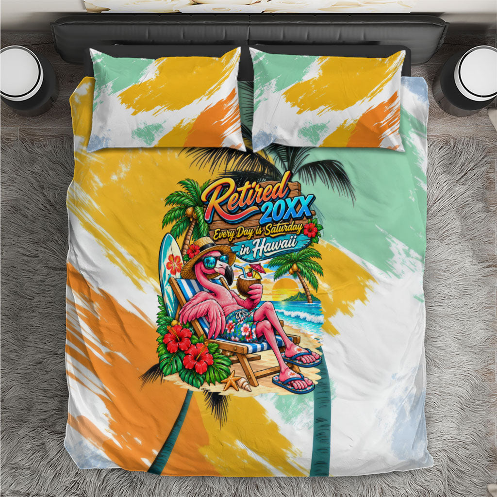 Hawaii Retirement Vacation Bedding Set Tropical Sunset Beach Pink Flamingo Surfboard Palm Tree