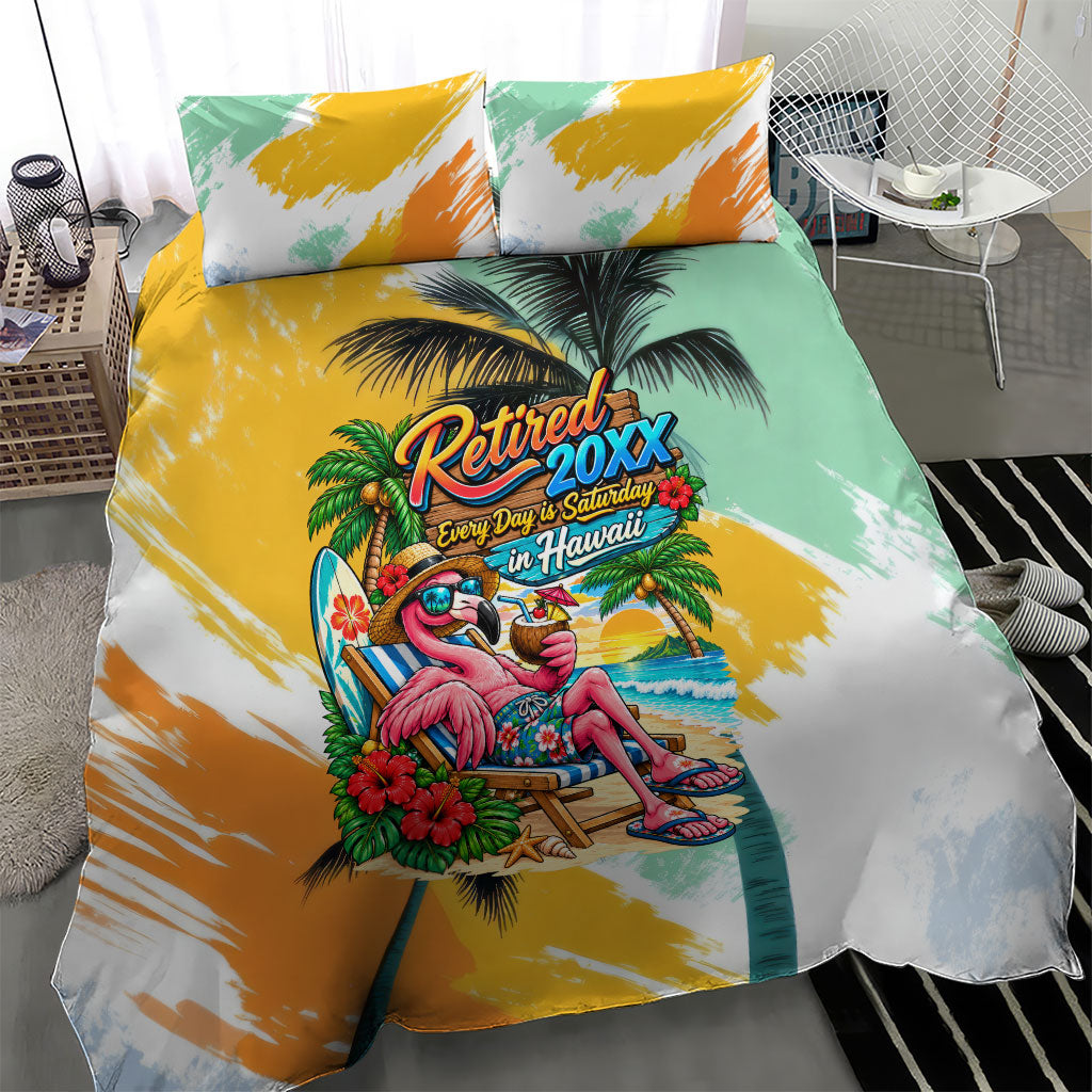 Hawaii Retirement Vacation Bedding Set Tropical Sunset Beach Pink Flamingo Surfboard Palm Tree