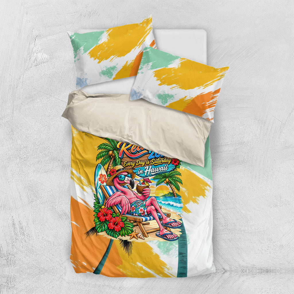 Hawaii Retirement Vacation Bedding Set Tropical Sunset Beach Pink Flamingo Surfboard Palm Tree
