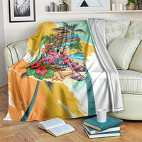 Hawaii Retirement Vacation Blanket Tropical Sunset Beach Pink Flamingo Surfboard Palm Tree TS04 Yellow Green - Polynesian Pride