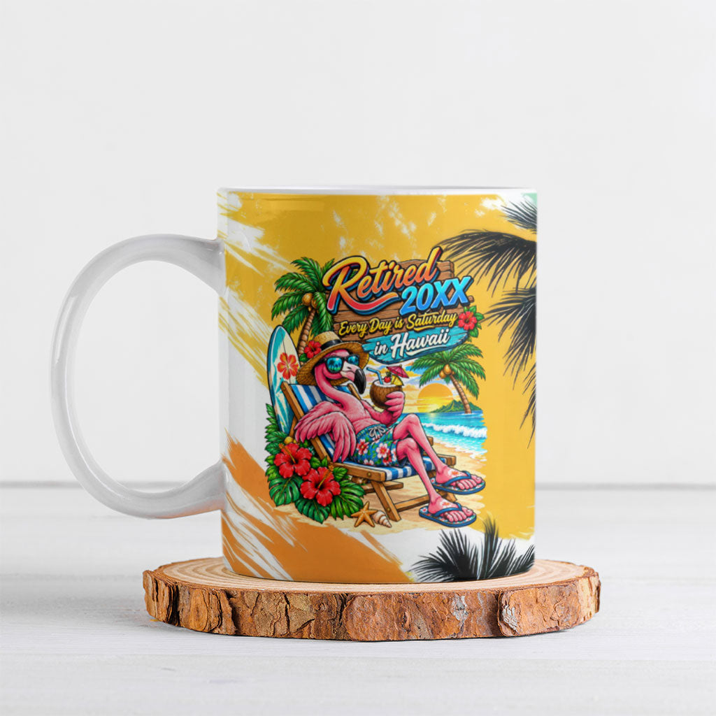 Hawaii Retirement Vacation Ceramic Mug Tropical Sunset Beach Pink Flamingo Surfboard Palm Tree