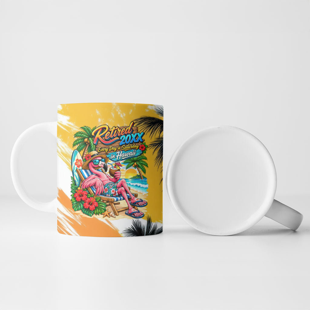 Hawaii Retirement Vacation Ceramic Mug Tropical Sunset Beach Pink Flamingo Surfboard Palm Tree