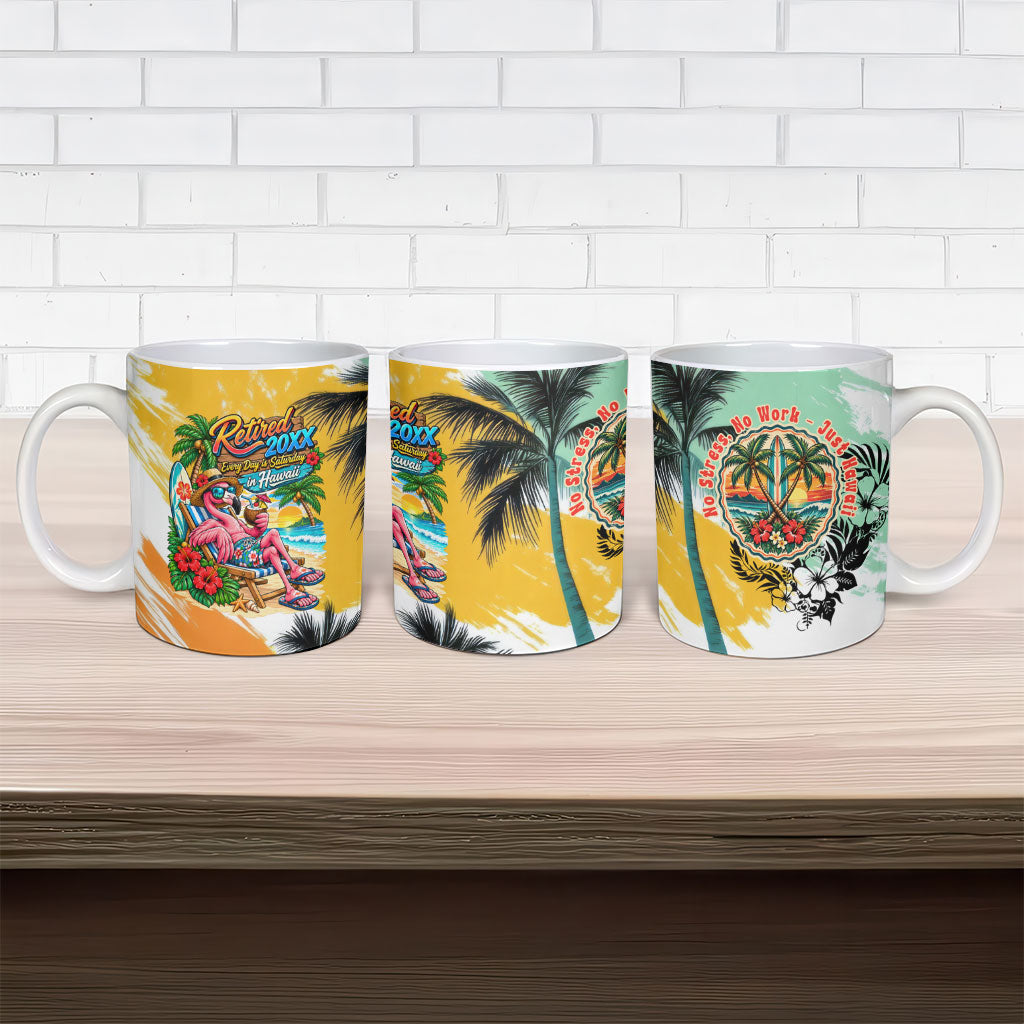 Hawaii Retirement Vacation Ceramic Mug Tropical Sunset Beach Pink Flamingo Surfboard Palm Tree