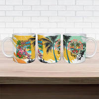 Hawaii Retirement Vacation Ceramic Mug Tropical Sunset Beach Pink Flamingo Surfboard Palm Tree