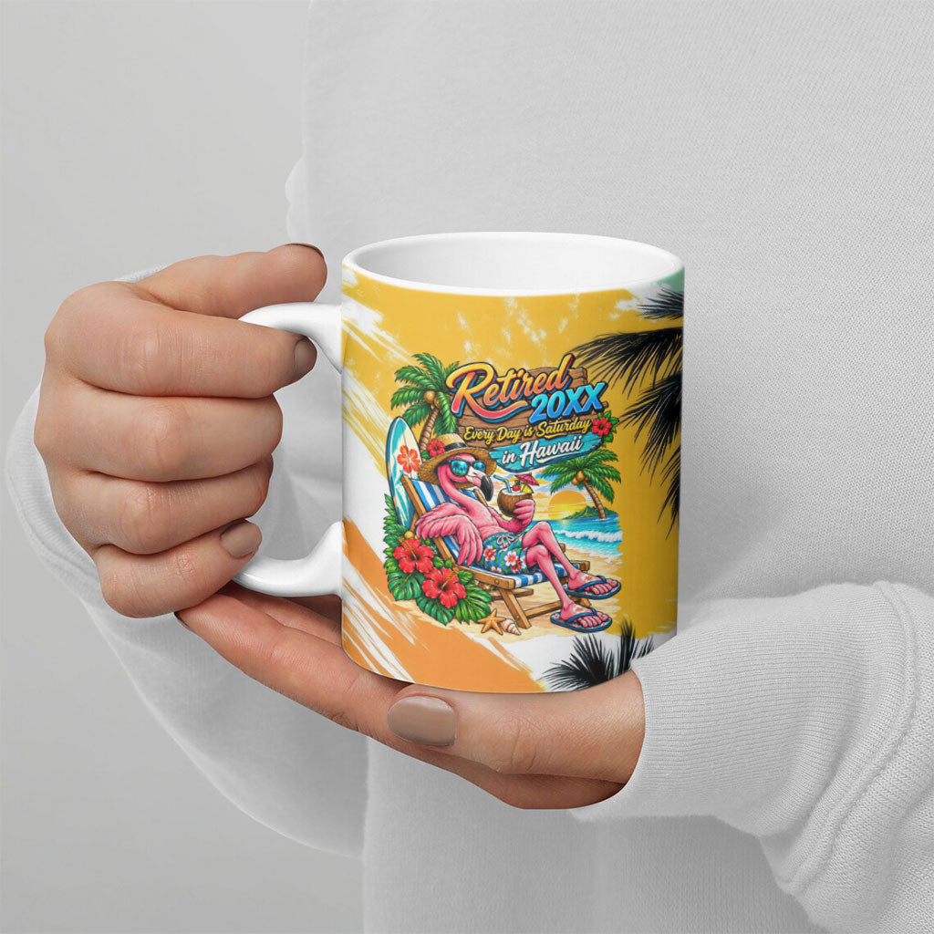 Hawaii Retirement Vacation Ceramic Mug Tropical Sunset Beach Pink Flamingo Surfboard Palm Tree