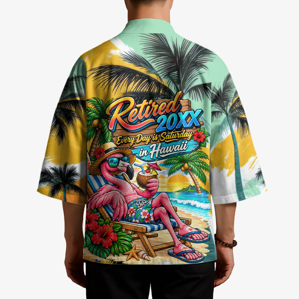 Hawaii Retirement Vacation Kimono Tropical Sunset Beach Pink Flamingo Surfboard Palm Tree TS04 - Polynesian Pride