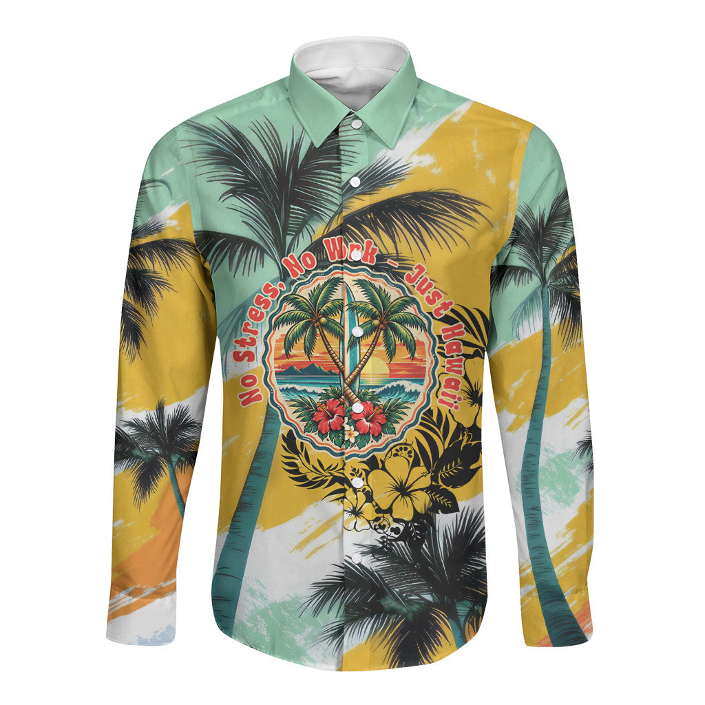 Hawaii Retirement Vacation Long Sleeve Button Shirt Tropical Sunset Beach Pink Flamingo Surfboard Palm Tree TS04 Unisex Yellow Green - Polynesian Pride