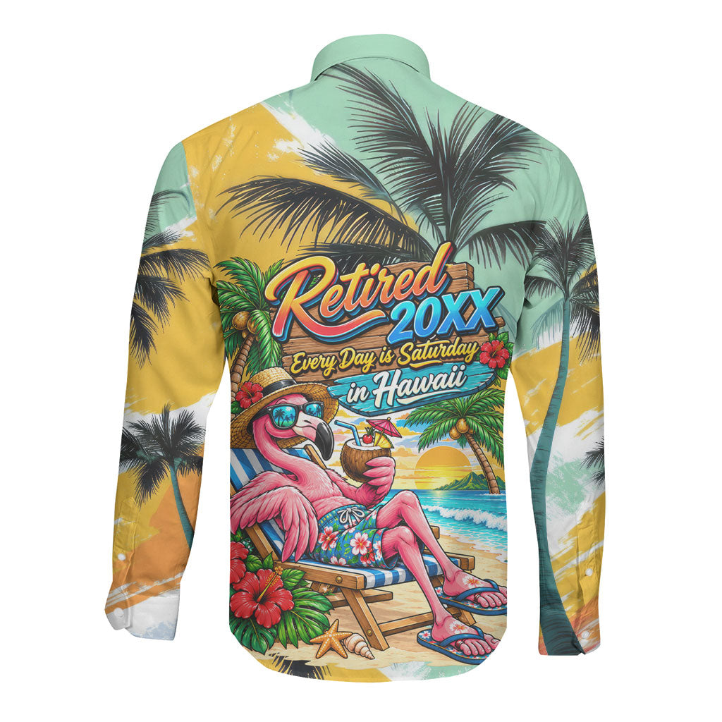 Hawaii Retirement Vacation Long Sleeve Button Shirt Tropical Sunset Beach Pink Flamingo Surfboard Palm Tree TS04 - Polynesian Pride