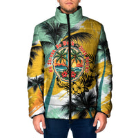 Hawaii Retirement Vacation Padded Jacket Tropical Sunset Beach Pink Flamingo Surfboard Palm Tree