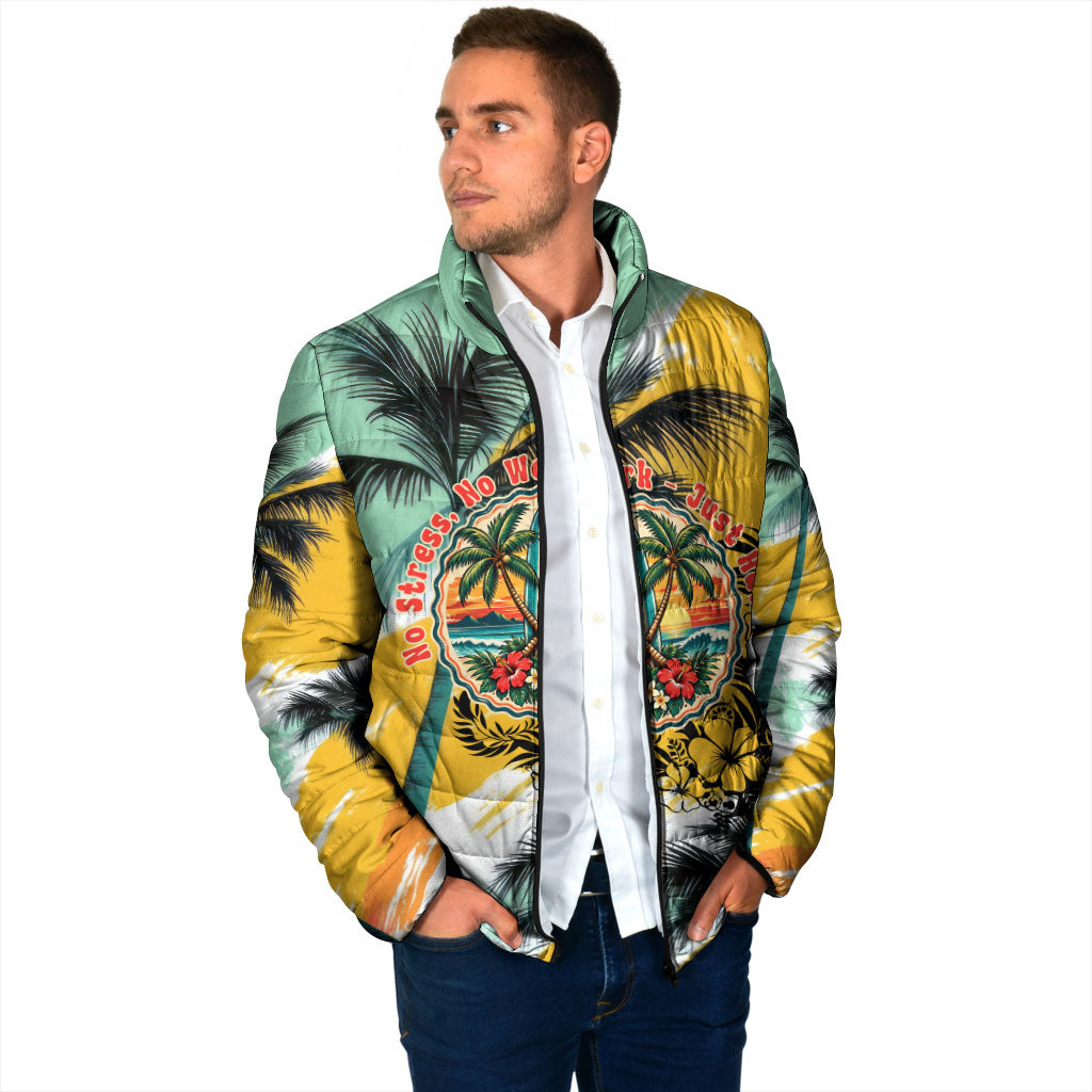 Hawaii Retirement Vacation Padded Jacket Tropical Sunset Beach Pink Flamingo Surfboard Palm Tree