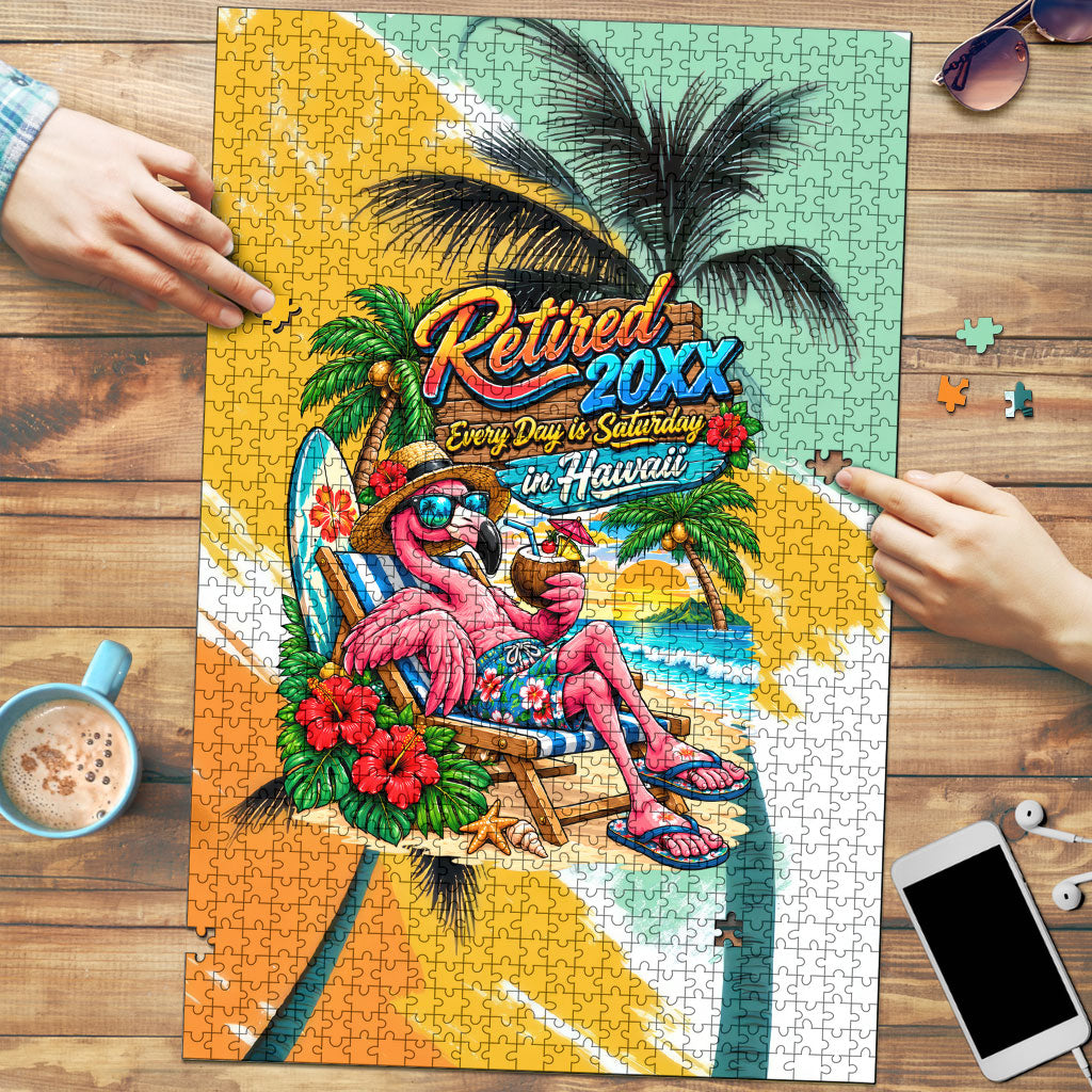 Hawaii Retirement Vacation Puzzle Tropical Sunset Beach Pink Flamingo Surfboard Palm Tree TS04 Yellow Green - Polynesian Pride