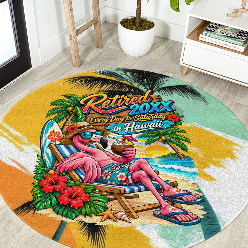 Hawaii Retirement Vacation Round Carpet Tropical Sunset Beach Pink Flamingo Surfboard Palm Tree TS04 Yellow Green - Polynesian Pride
