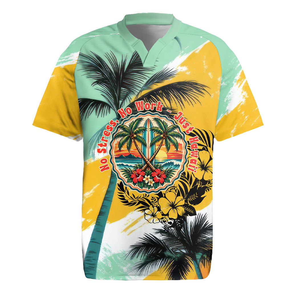 Hawaii Retirement Vacation Rugby Jersey Tropical Sunset Beach Pink Flamingo Surfboard Palm Tree TS04 Yellow Green - Polynesian Pride