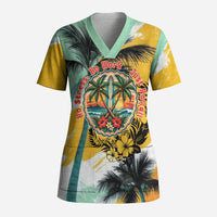 Hawaii Retirement Vacation Scrub Top Tropical Sunset Beach Pink Flamingo Surfboard Palm Tree TS04 Adult Yellow Green - Polynesian Pride