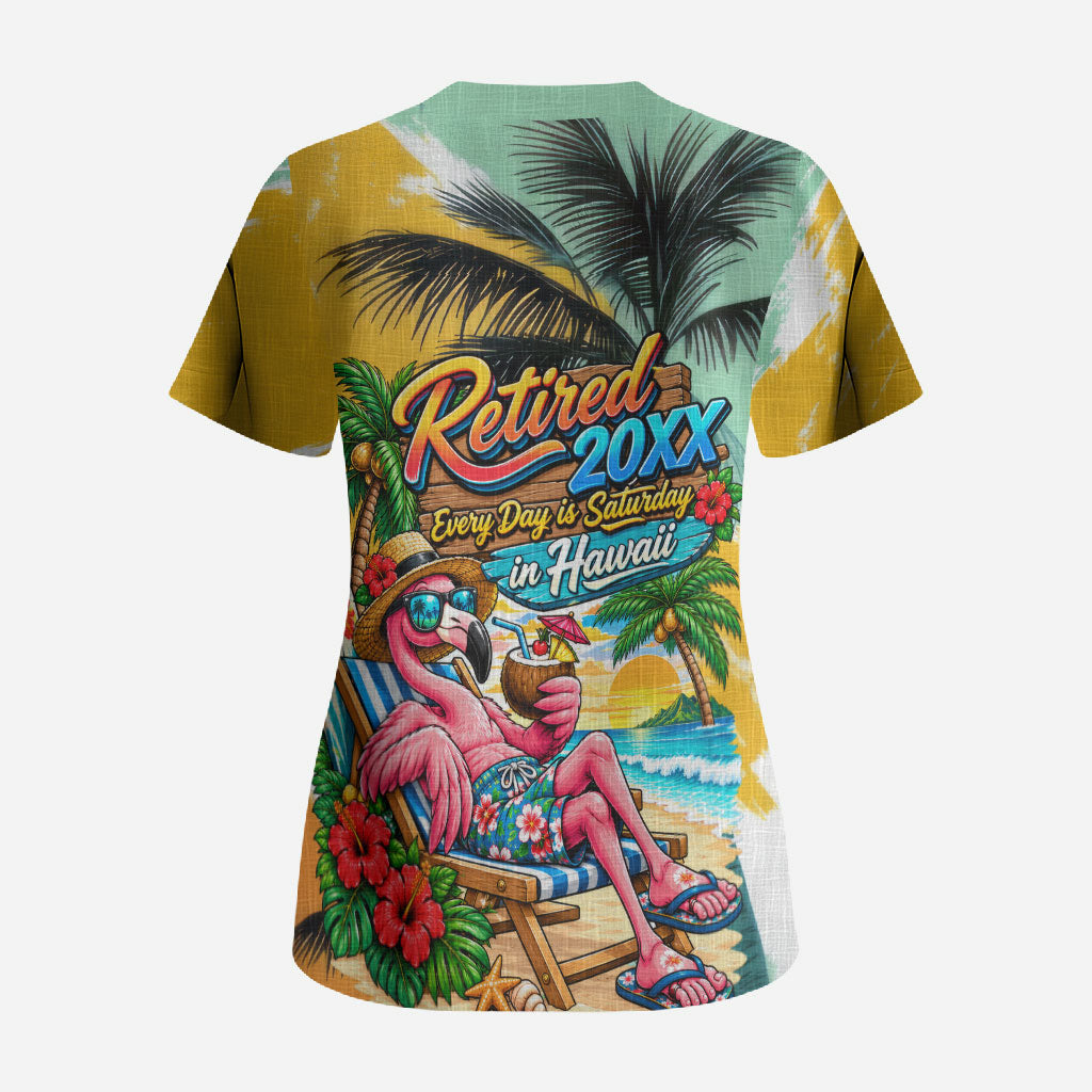 Hawaii Retirement Vacation Scrub Top Tropical Sunset Beach Pink Flamingo Surfboard Palm Tree TS04 - Polynesian Pride