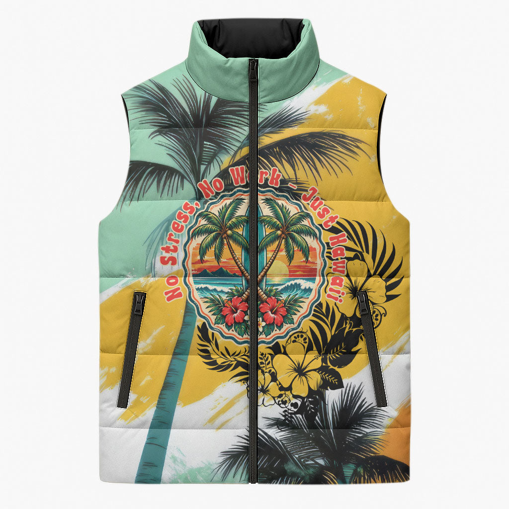 Hawaii Retirement Vacation Sleeveless Puffer Jacket Tropical Sunset Beach Pink Flamingo Surfboard Palm Tree TS04 Unisex Yellow Green - Polynesian Pride