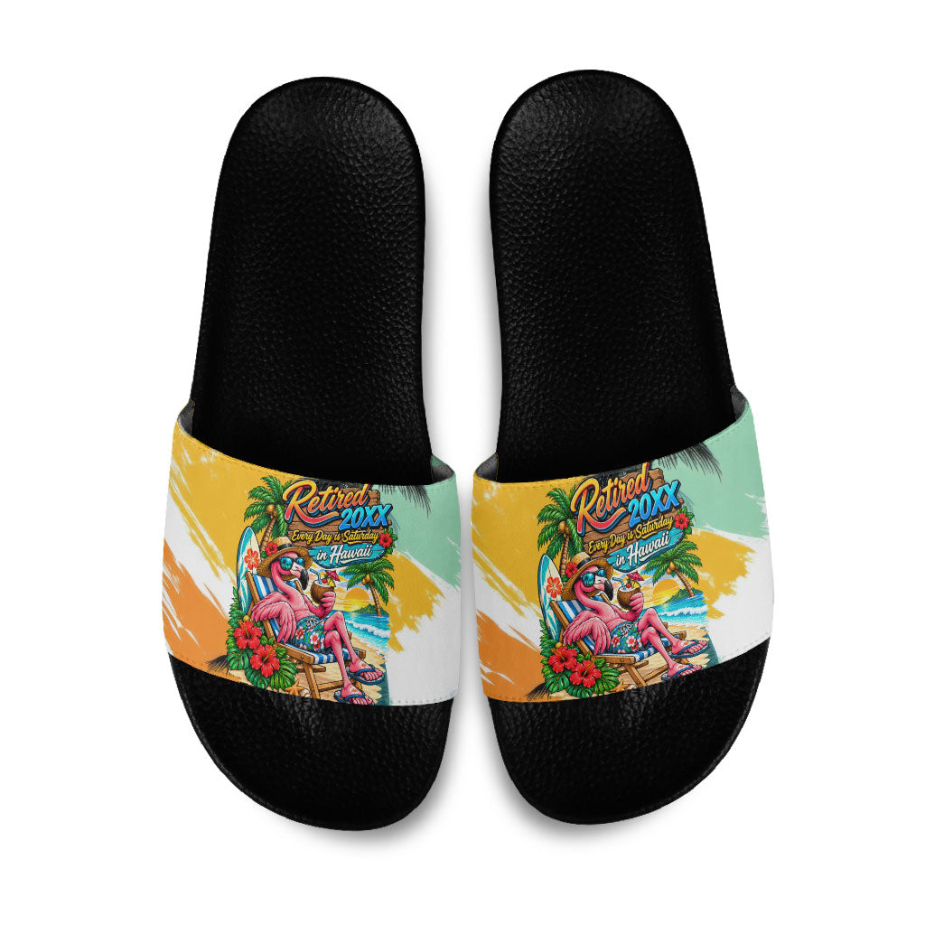 Hawaii Retirement Vacation Slide Sandals Tropical Sunset Beach Pink Flamingo Surfboard Palm Tree TS04 Yellow Green - Polynesian Pride