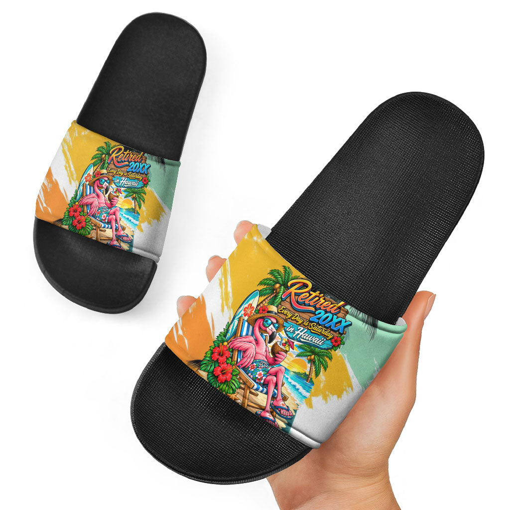 Hawaii Retirement Vacation Slide Sandals Tropical Sunset Beach Pink Flamingo Surfboard Palm Tree TS04 - Polynesian Pride