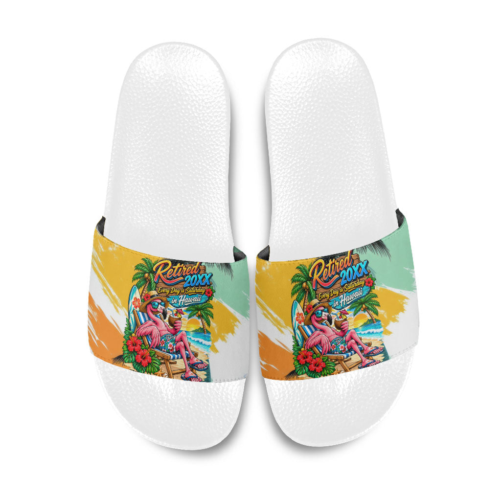 Hawaii Retirement Vacation Slide Sandals Tropical Sunset Beach Pink Flamingo Surfboard Palm Tree TS04 Yellow Green - Polynesian Pride
