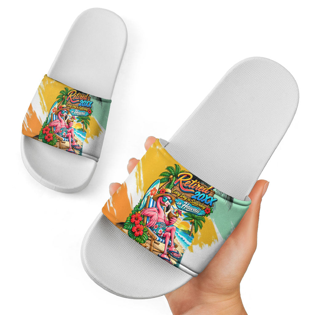 Hawaii Retirement Vacation Slide Sandals Tropical Sunset Beach Pink Flamingo Surfboard Palm Tree TS04 - Polynesian Pride