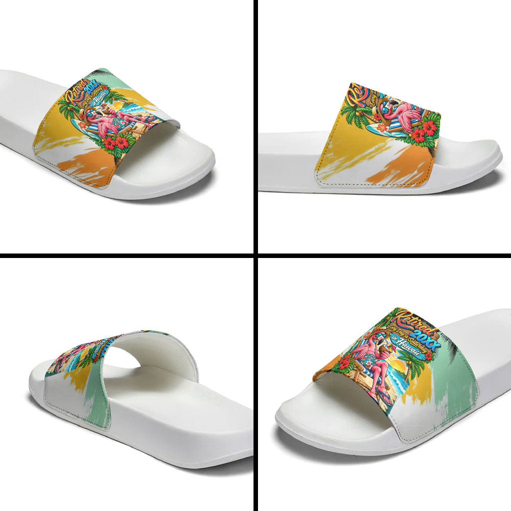 Hawaii Retirement Vacation Slide Sandals Tropical Sunset Beach Pink Flamingo Surfboard Palm Tree TS04 - Polynesian Pride