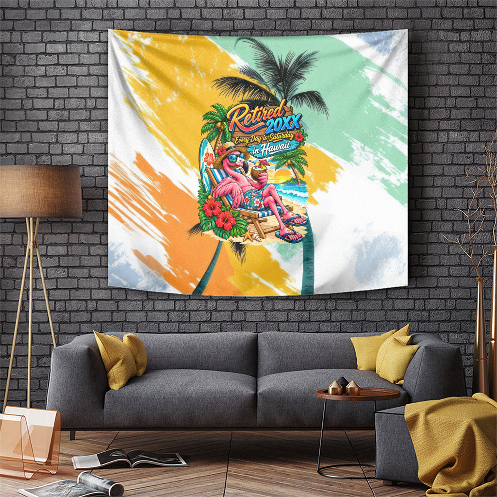 Hawaii Retirement Vacation Tapestry Tropical Sunset Beach Pink Flamingo Surfboard Palm Tree