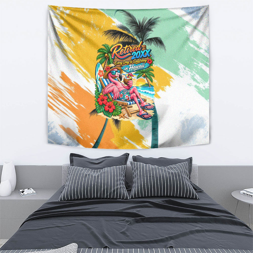 Hawaii Retirement Vacation Tapestry Tropical Sunset Beach Pink Flamingo Surfboard Palm Tree