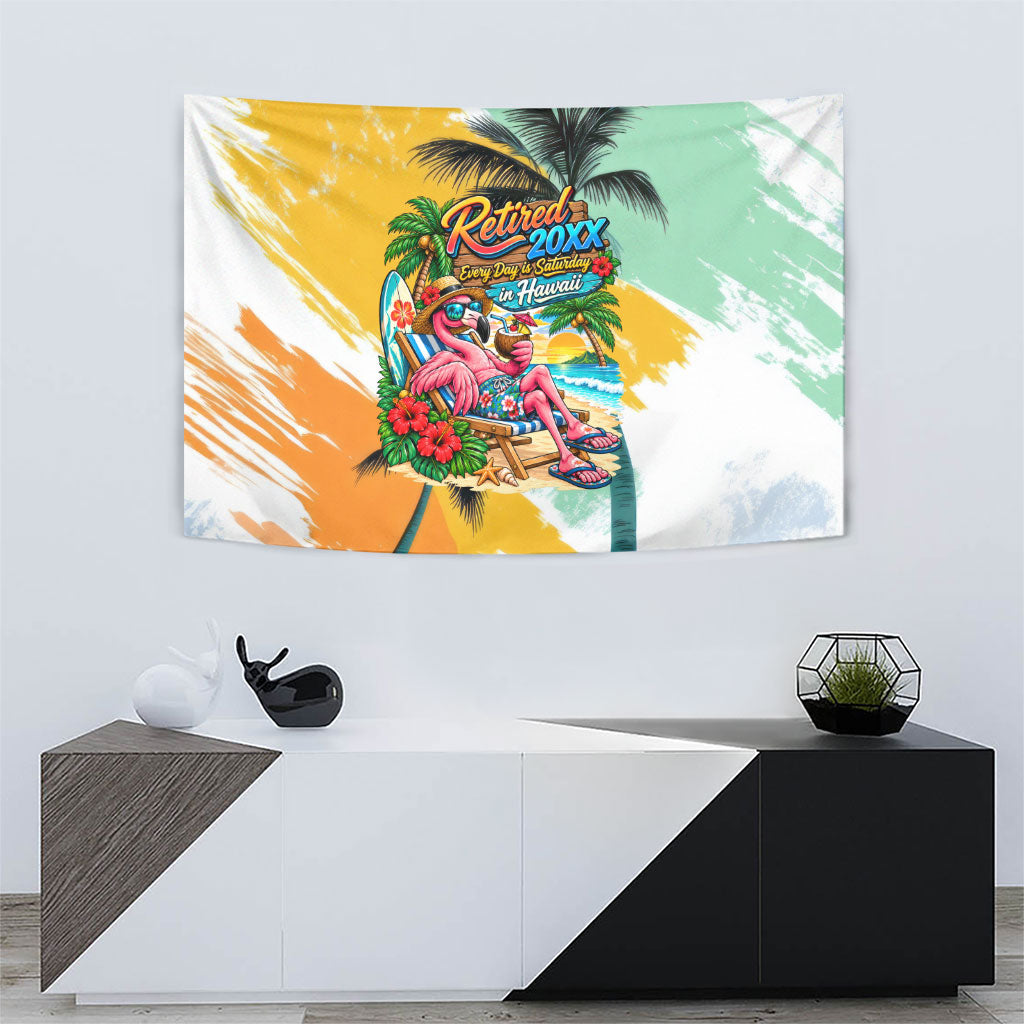 Hawaii Retirement Vacation Tapestry Tropical Sunset Beach Pink Flamingo Surfboard Palm Tree