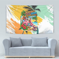 Hawaii Retirement Vacation Tapestry Tropical Sunset Beach Pink Flamingo Surfboard Palm Tree