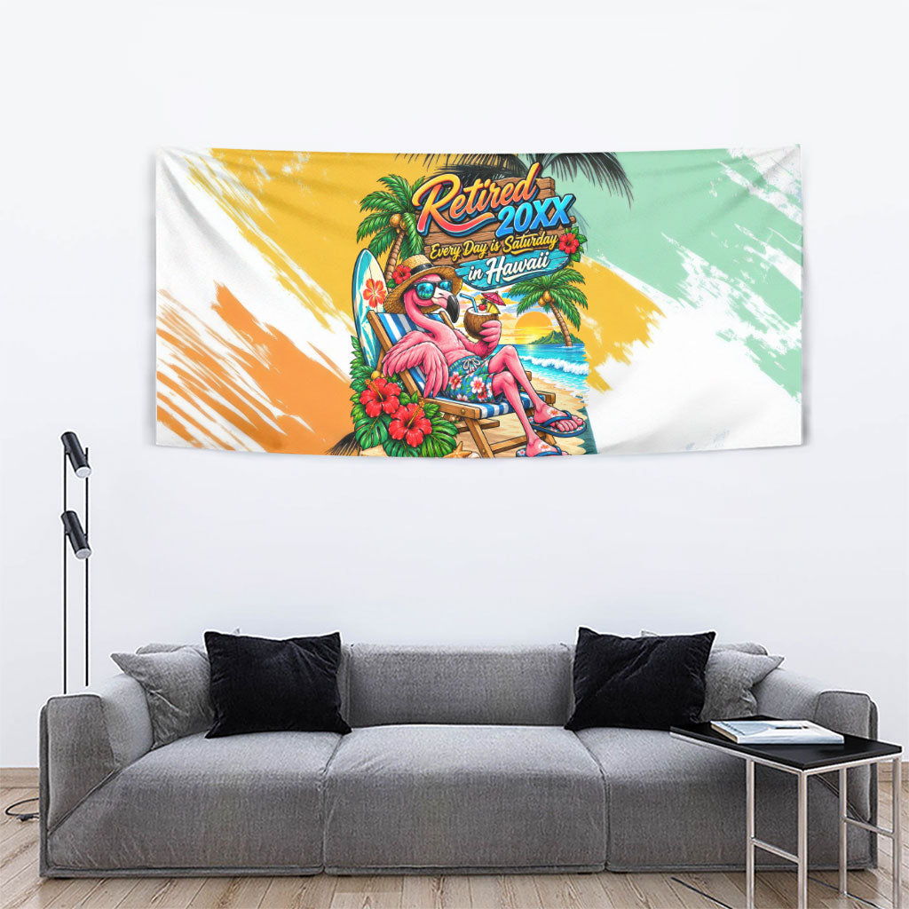 Hawaii Retirement Vacation Tapestry Tropical Sunset Beach Pink Flamingo Surfboard Palm Tree
