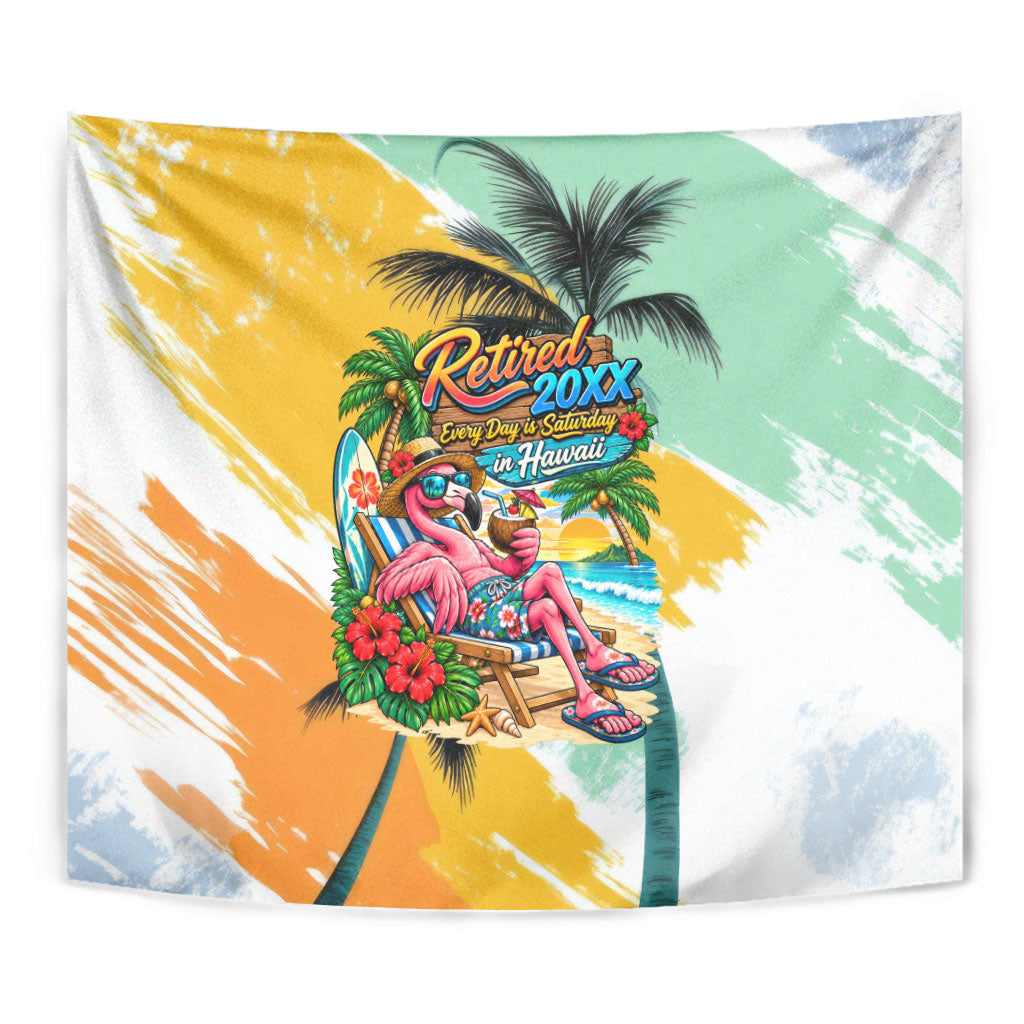 Hawaii Retirement Vacation Tapestry Tropical Sunset Beach Pink Flamingo Surfboard Palm Tree