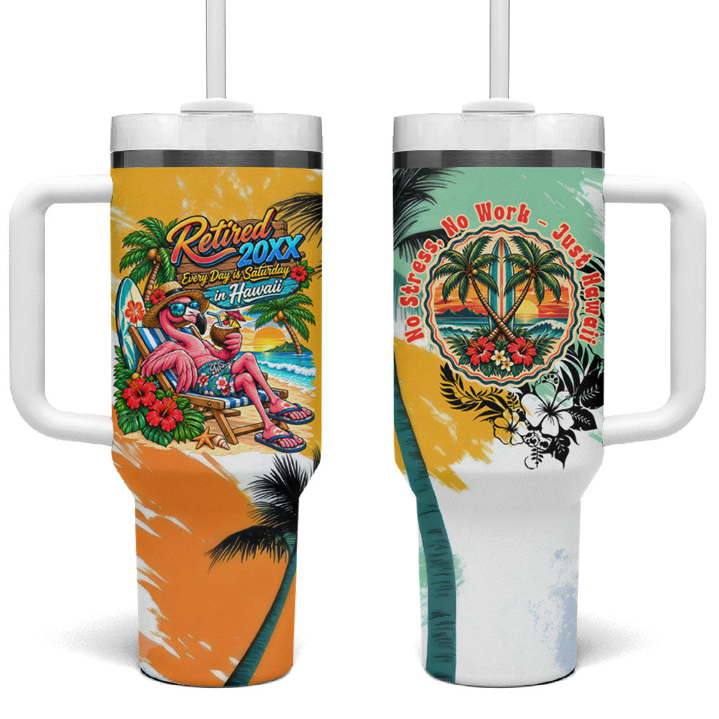 Hawaii Retirement Vacation Tumbler With Handle Tropical Sunset Beach Pink Flamingo Surfboard Palm Tree TS04 One Size: 40 oz Yellow Green - Polynesian Pride