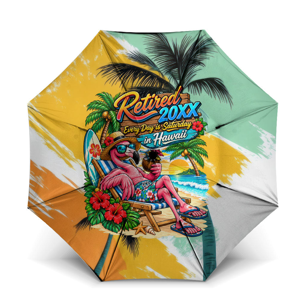 Hawaii Retirement Vacation Umbrella Tropical Sunset Beach Pink Flamingo Surfboard Palm Tree TS04 One Size Folded 11.42 inch Opened Diameter 37.4 inch Yellow Green - Polynesian Pride