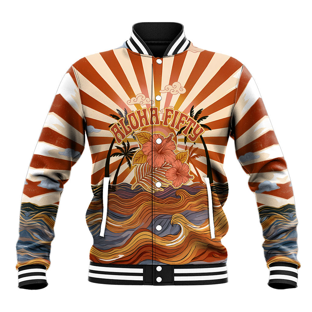 Aloha Nifty 50th Birthday Hawaii Baseball Jacket Vintage Retro Sunburst Tropical Palm Tree Surfboard Art TS04 Unisex Orange Beige - Polynesian Pride