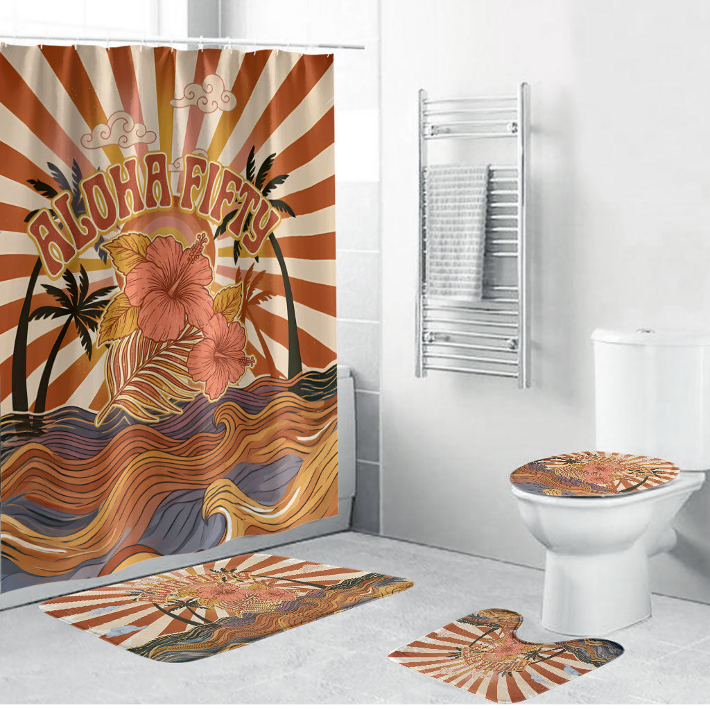 Aloha Nifty 50th Birthday Hawaii Bathroom Set Vintage Retro Sunburst Tropical Palm Tree Surfboard Art TS04 Bathroom Set (4 pcs) Orange Beige - Polynesian Pride
