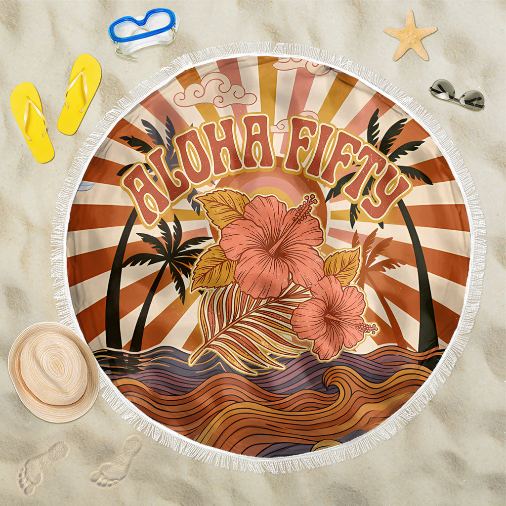 Aloha Nifty 50th Birthday Hawaii Beach Blanket Vintage Retro Sunburst Tropical Palm Tree Surfboard Art TS04 One Size 150cm Orange Beige - Polynesian Pride
