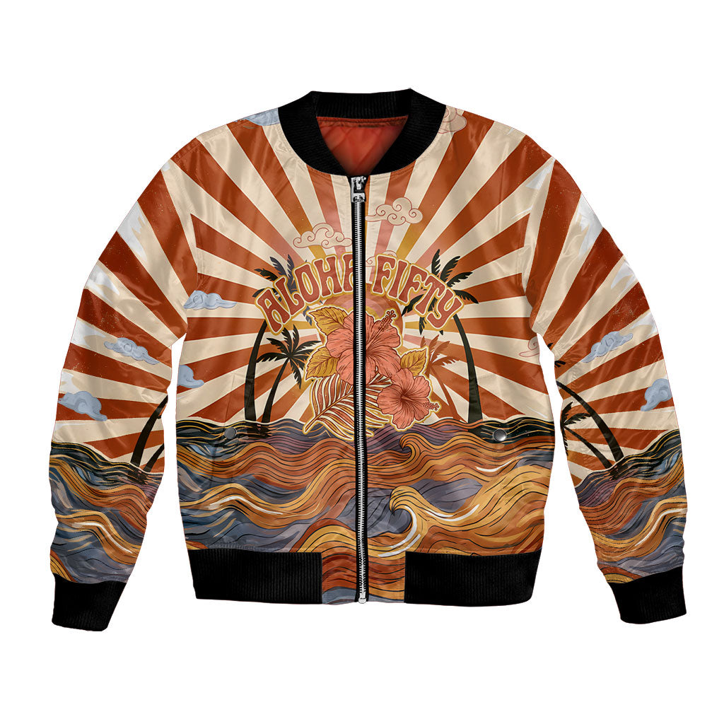 Aloha Nifty 50th Birthday Hawaii Bomber Jacket Vintage Retro Sunburst Tropical Palm Tree Surfboard Art TS04 Unisex Orange Beige - Polynesian Pride