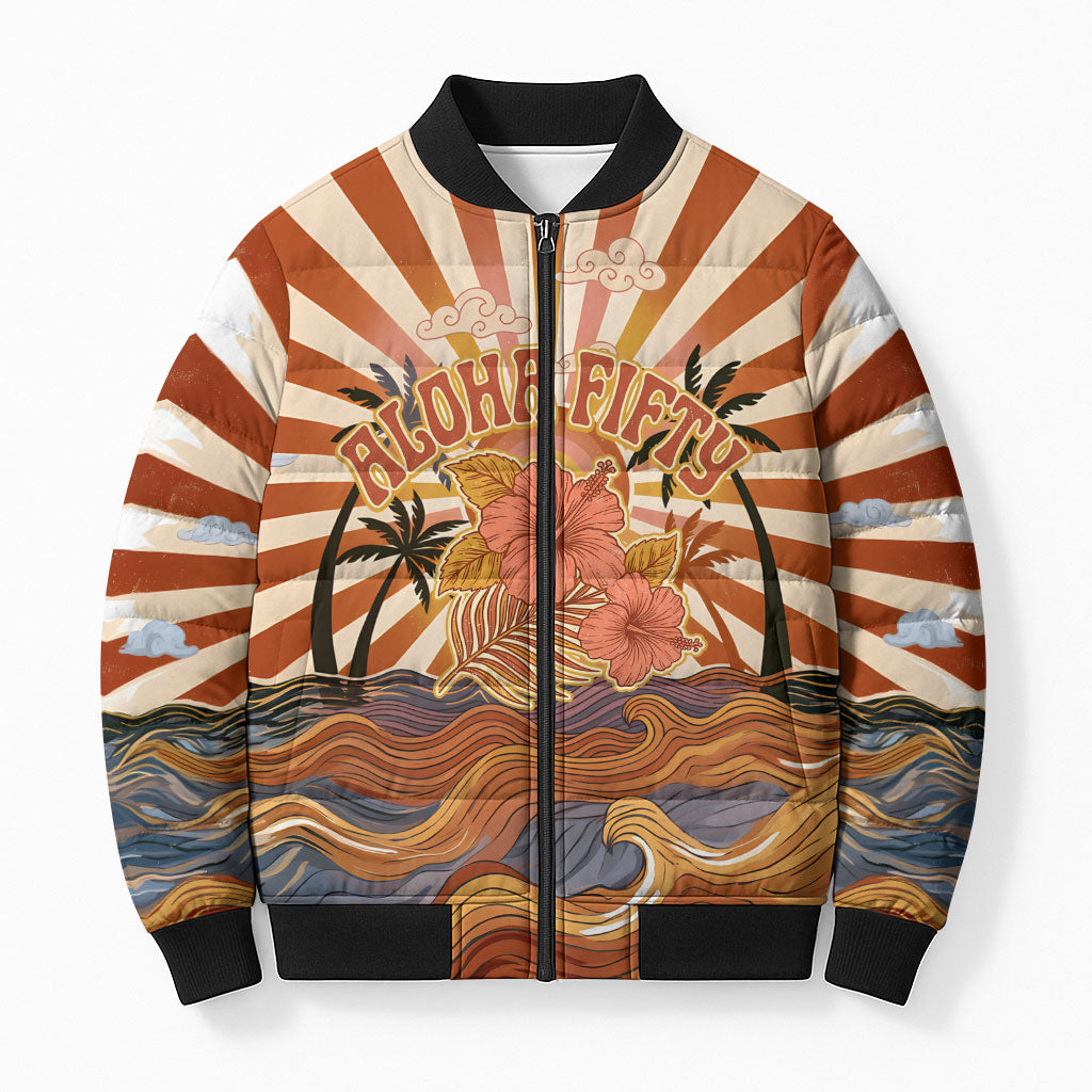 Aloha Nifty 50th Birthday Hawaii Bomber Puffer Jacket Vintage Retro Sunburst Tropical Palm Tree Surfboard Art TS04 Unisex Orange Beige - Polynesian Pride