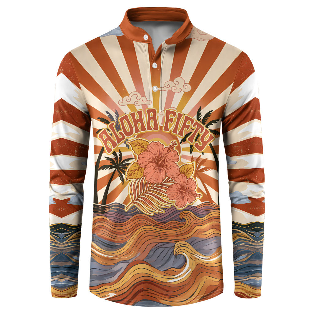 Aloha Nifty 50th Birthday Hawaii Button Sweatshirt Vintage Retro Sunburst Tropical Palm Tree Surfboard Art TS04 Orange Beige - Polynesian Pride