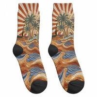 Aloha Nifty 50th Birthday Hawaii Crew Socks Vintage Retro Sunburst Tropical Palm Tree Surfboard Art TS04 - Polynesian Pride