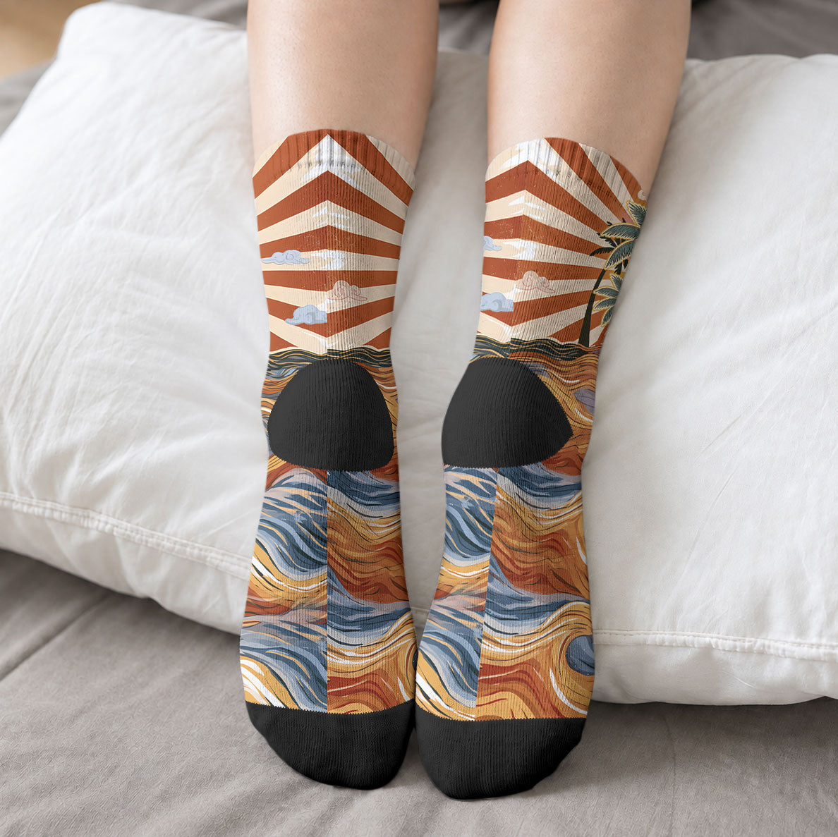Aloha Nifty 50th Birthday Hawaii Crew Socks Vintage Retro Sunburst Tropical Palm Tree Surfboard Art TS04 - Polynesian Pride