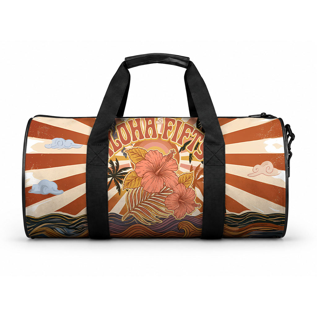 Aloha Nifty 50th Birthday Hawaii Duffle Bag Vintage Retro Sunburst Tropical Palm Tree Surfboard Art TS04 One size Orange Beige - Polynesian Pride