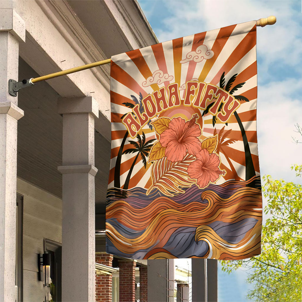 Aloha Nifty 50th Birthday Hawaii Garden Flag Vintage Retro Sunburst Tropical Palm Tree Surfboard Art TS04 House Flag Orange Beige - Polynesian Pride