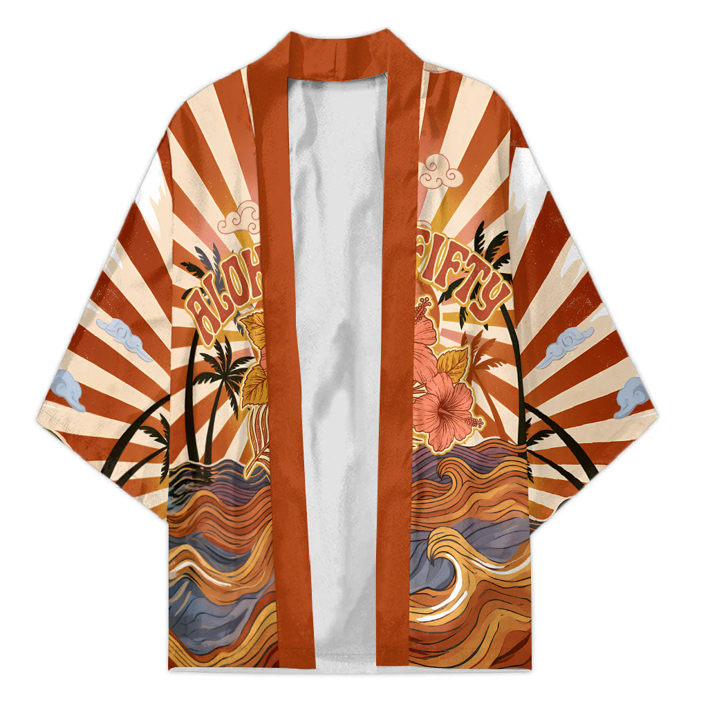 Aloha Nifty 50th Birthday Hawaii Kimono Vintage Retro Sunburst Tropical Palm Tree Surfboard Art TS04 Unisex Orange Beige - Polynesian Pride