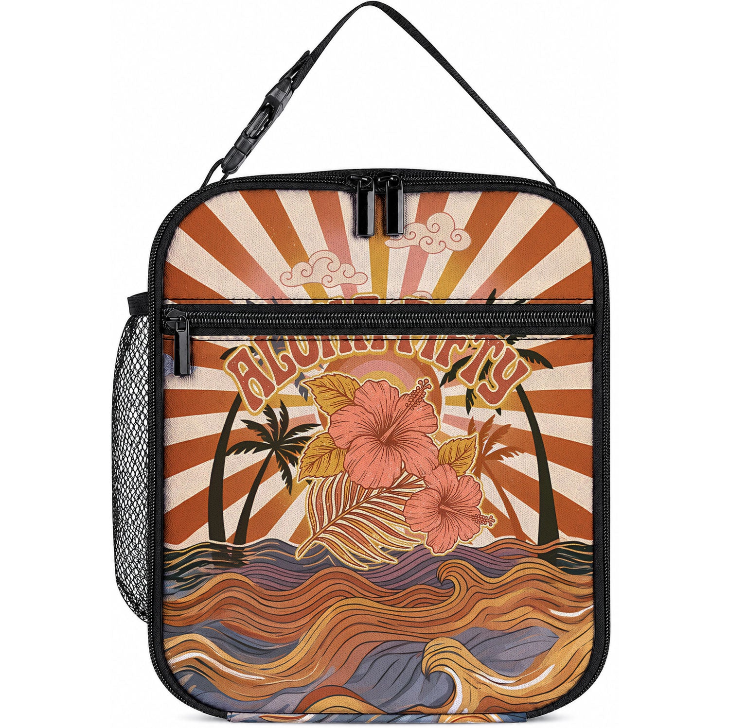 Aloha Nifty 50th Birthday Hawaii Lunch Bag Vintage Retro Sunburst Tropical Palm Tree Surfboard Art TS04 10.2 × 8.3 × 4.3 inch Orange Beige - Polynesian Pride