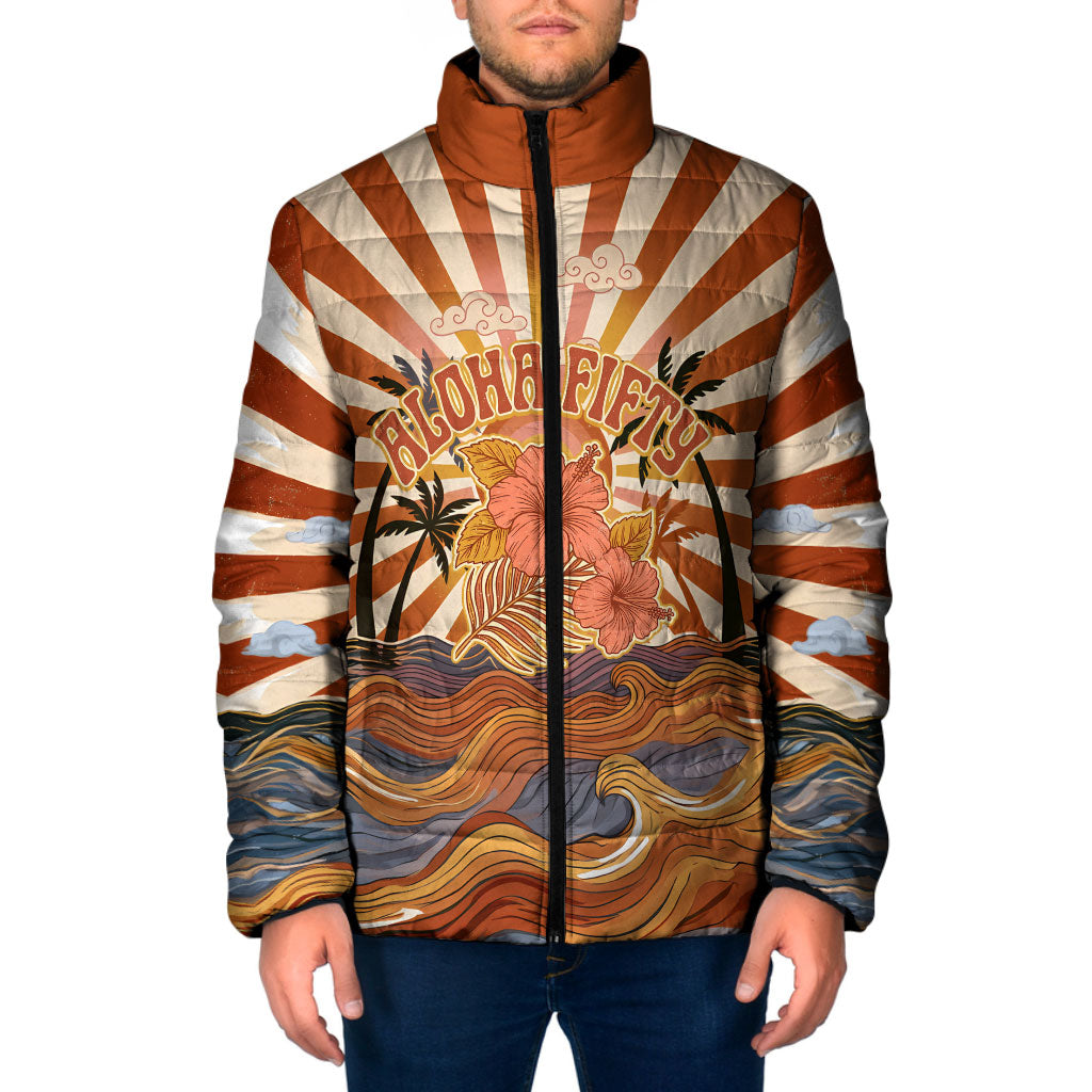 Aloha Nifty 50th Birthday Hawaii Padded Jacket Vintage Retro Sunburst Tropical Palm Tree Surfboard Art TS04 Men Orange Beige - Polynesian Pride