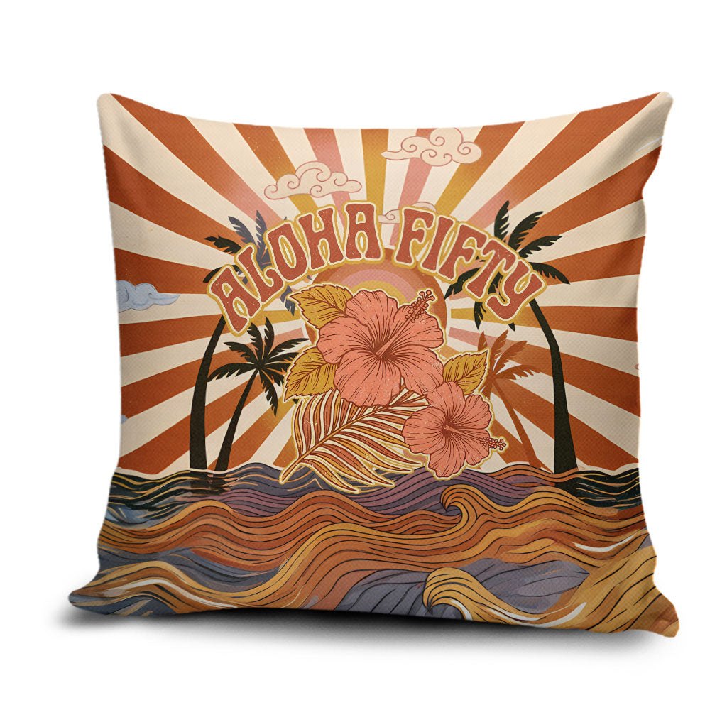 Aloha Nifty 50th Birthday Hawaii Pillow Cover Vintage Retro Sunburst Tropical Palm Tree Surfboard Art TS04 Orange Beige - Polynesian Pride