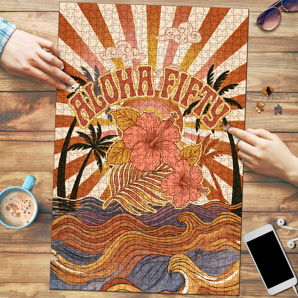 Aloha Nifty 50th Birthday Hawaii Puzzle Vintage Retro Sunburst Tropical Palm Tree Surfboard Art TS04 Orange Beige - Polynesian Pride